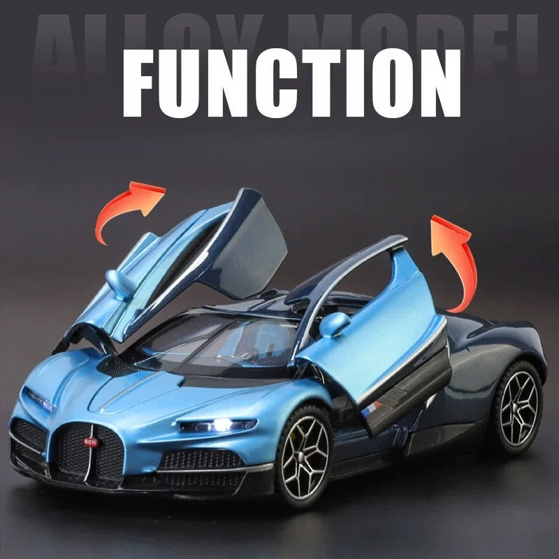Bugatti Chiron 1:32 Alloy Model in Blue - Opening Doors, Detailed W16 Engine Bay & Signature Turbine Alloy Wheels