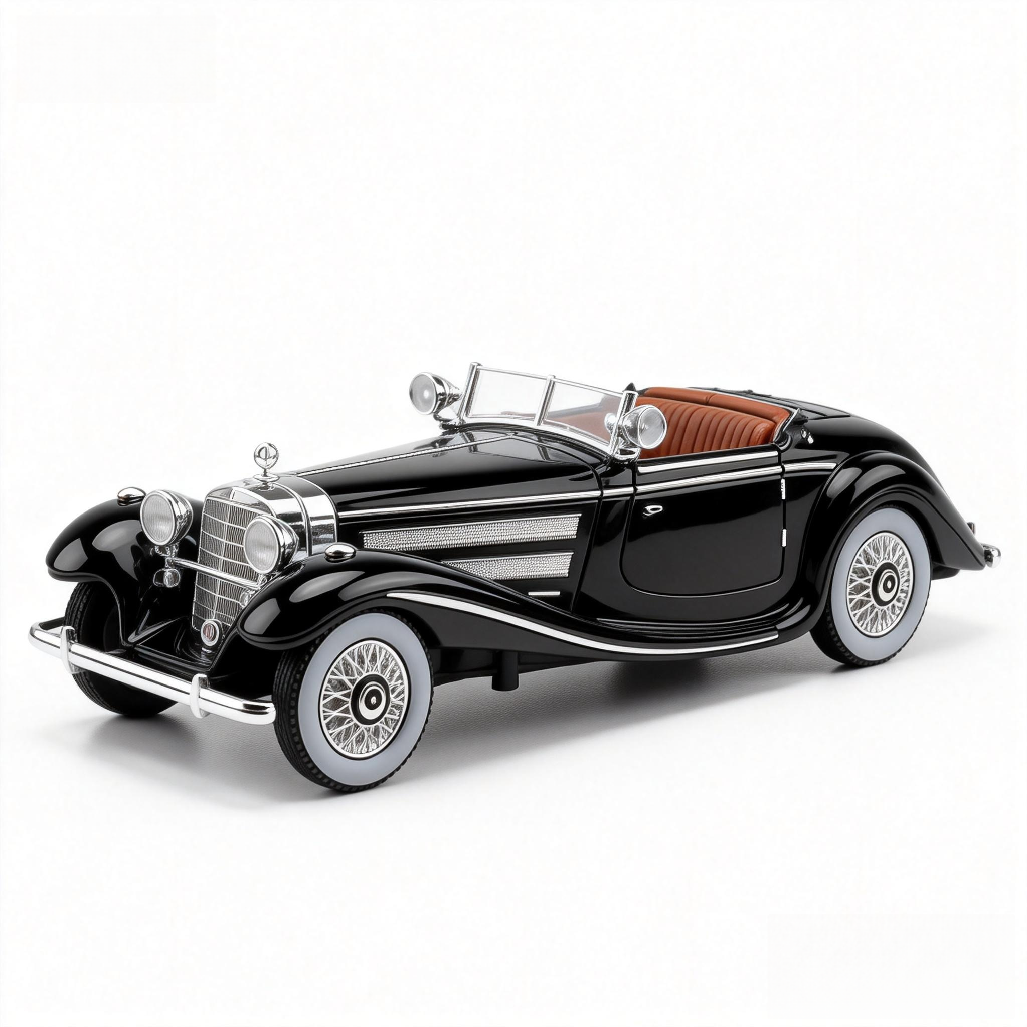 Mercedes-Benz 500K Cabriolet A (1936) 1:24 Diecast Model - Opening Doors & Hood, Detailed Supercharged Engine, Wood & Leather Interior, Chrome Spoked Wheels