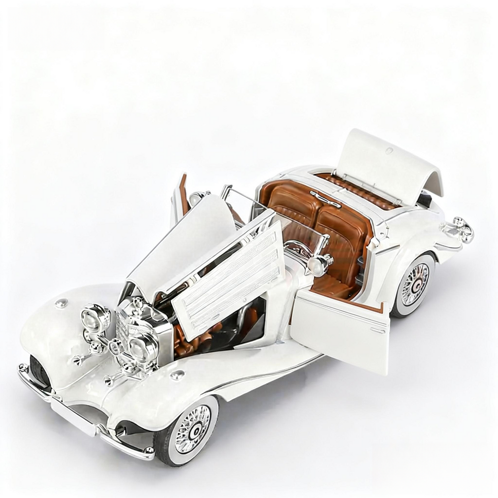 Mercedes-Benz 500K Cabriolet A (1936) 1:24 Diecast Model - Opening Doors & Hood, Detailed Supercharged Engine, Wood & Leather Interior, Chrome Spoked Wheels
